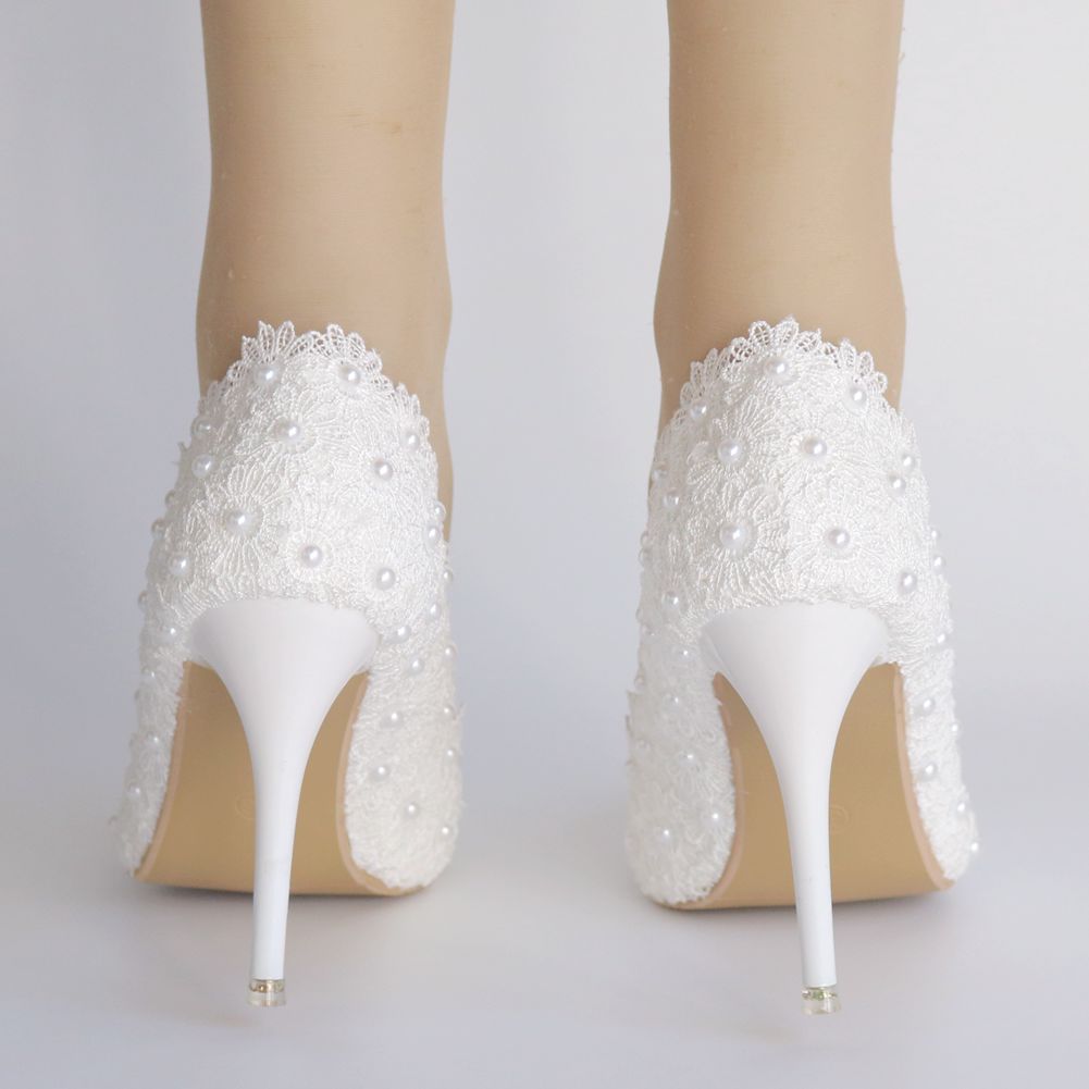 Women Pointed Toe Pearls Lace Stiletto Heel Pumps Wedding Shoes