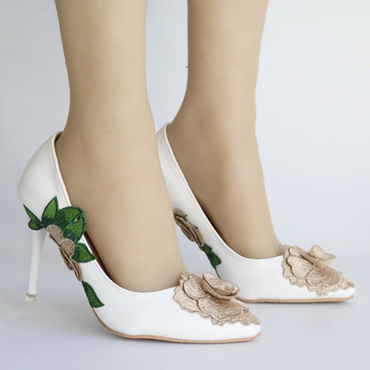 Women Pointed Toe Rhinestone Embroidery Flora Stiletto Heel Pumps Wedding Shoes