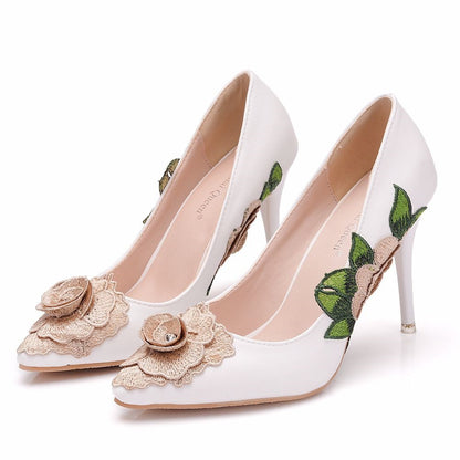 Women Pointed Toe Rhinestone Embroidery Flora Stiletto Heel Pumps Wedding Shoes