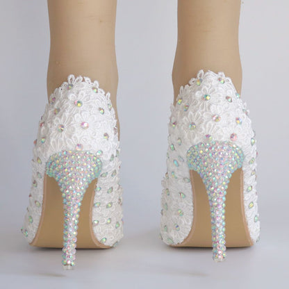 Women Rhinestone Lace Stiletto Heel Pumps Wedding Shoes