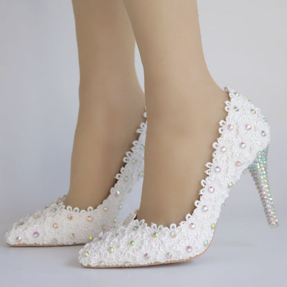 Women Rhinestone Lace Stiletto Heel Pumps Wedding Shoes