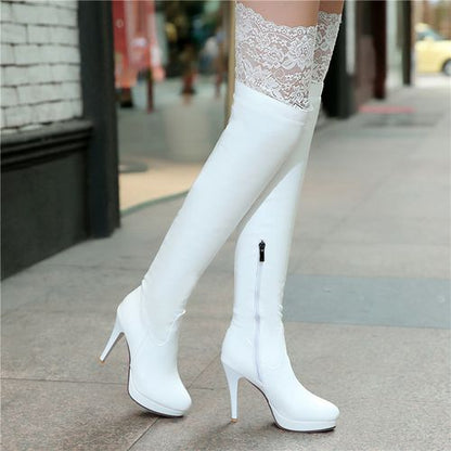 Women Lace Platform High Heels Knee High Boots