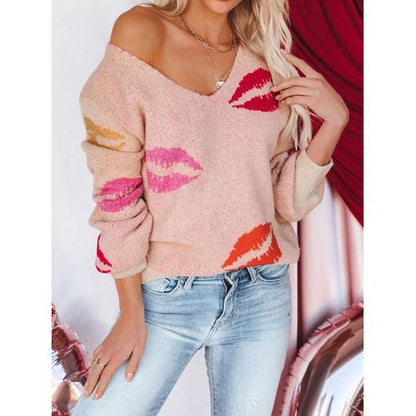 Women KISS Lips V-neck Pullover Sweater