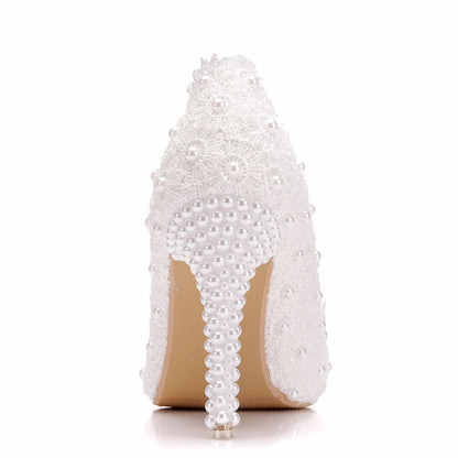 Women Pointed Toe Pearls Lace Stiletto Heel Pumps Wedding Shoes