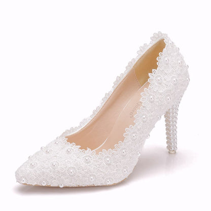 Women Pointed Toe Pearls Lace Stiletto Heel Pumps Wedding Shoes