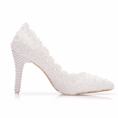 Women Pointed Toe Pearls Lace Stiletto Heel Pumps Wedding Shoes