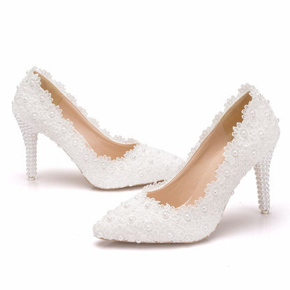 Women Pointed Toe Pearls Lace Stiletto Heel Pumps Wedding Shoes