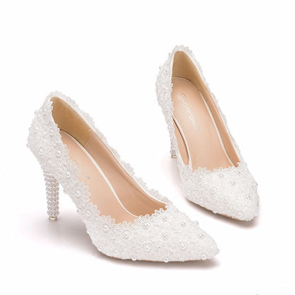 Women Pointed Toe Pearls Lace Stiletto Heel Pumps Wedding Shoes