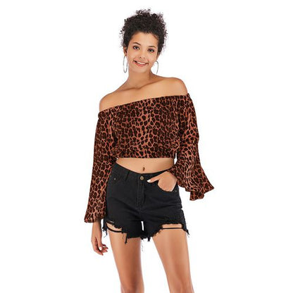 Sexy Off Shoulder Leopard Print Short   Women Chiffon Shirt Blouses