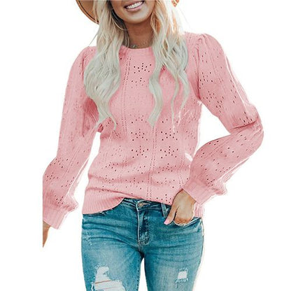 Women Hollow Long Sleeve Pullover Bubble Sleeve Sweater