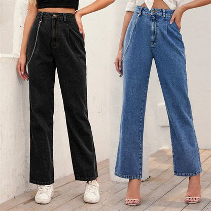 Ins Fashion High Waist Chains Straight Denim Long Women Jeans