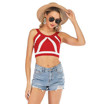 Knitted Sling Vest Women Off-the-shoulder Striped Short Open Umbilical Color Top