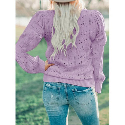 Women Hollow Long Sleeve Pullover Bubble Sleeve Sweater