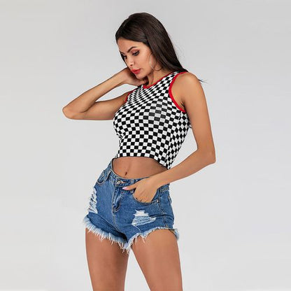 Contrasting Plaid Knitted Vest Women's Short Navel Sleeveless Condole Top