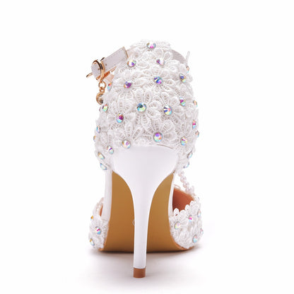 Women Pointed Toe Stiletto Heel Ankle Strap Lace Beads Bridal Sandals Wedding Shoes