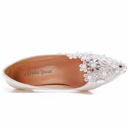 Women Pointed Toe Lace Flora Rhinestone Bridal Wedding Shoes Pumps Stiletto Heel