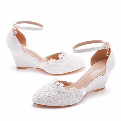 Women Lace Rhinestone Ankle Strap Wedge Heel Pumps