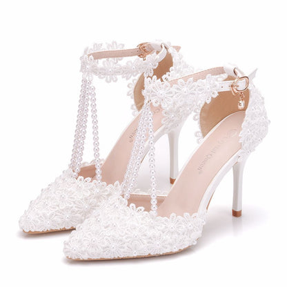 Women Ankle Strap Pointed Toe Lace Beads Bridal Wedding Shoes Stiletto Heel Sandals