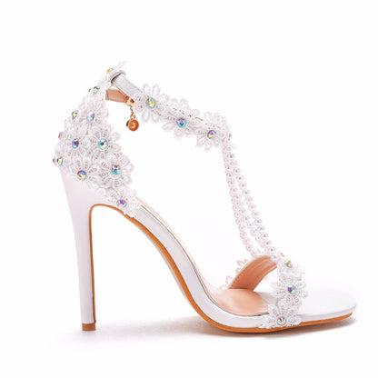 Women Lace Rhinestone Pearls Open Toe Bridal Wedding Stiletto Heel Sandals