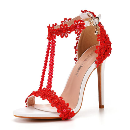 Women Lace Rhinestone Pearls Open Toe Bridal Wedding Stiletto Heel Sandals