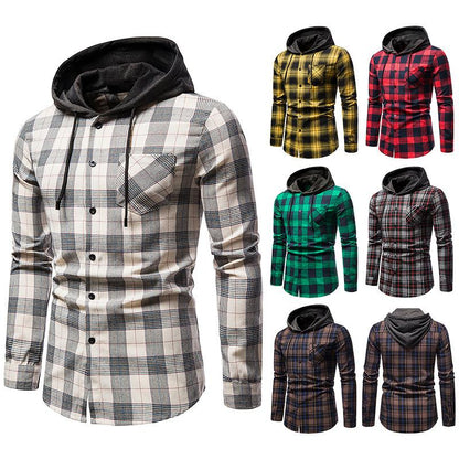 Men's Long Sleeves Hoodie Grid Flannel Shirts