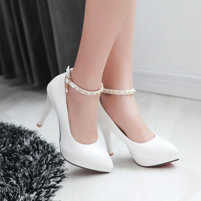 Pearl Ankle Straps Women Pumps High Heels Dress Shoes