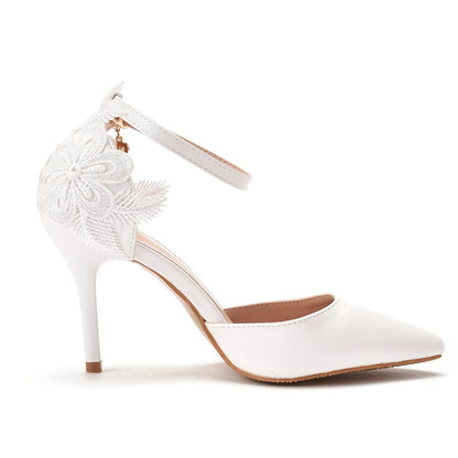 Women Lace Flora Feathers Ankle Strap Pointed Toe Bridal Wedding Shoes Stiletto Heel Sandals