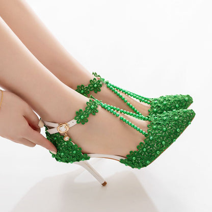 Women Ankle Strap Pointed Toe Lace Beads Bridal Wedding Shoes Stiletto Heel Sandals