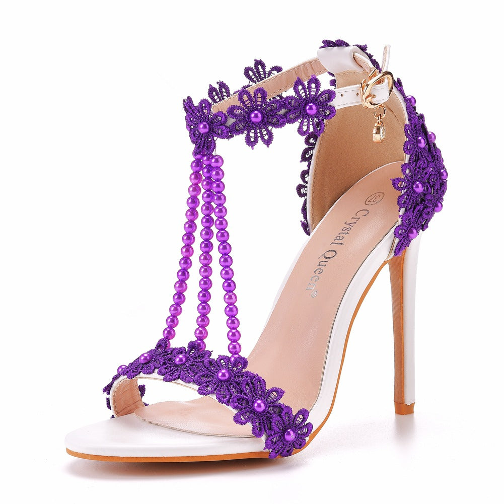 Women Lace Rhinestone Pearls Open Toe Bridal Wedding Stiletto Heel Sandals