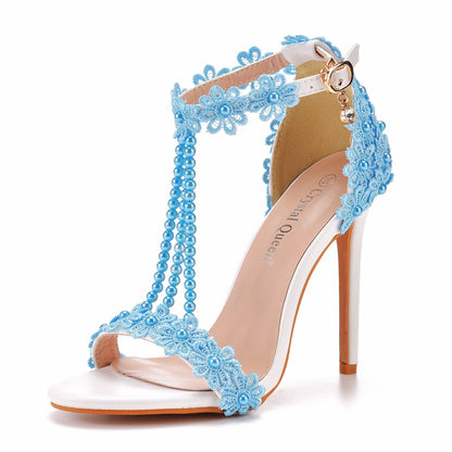 Women Lace Rhinestone Pearls Open Toe Bridal Wedding Stiletto Heel Sandals