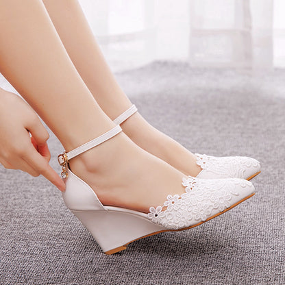 Women Lace Rhinestone Ankle Strap Wedge Heel Pumps