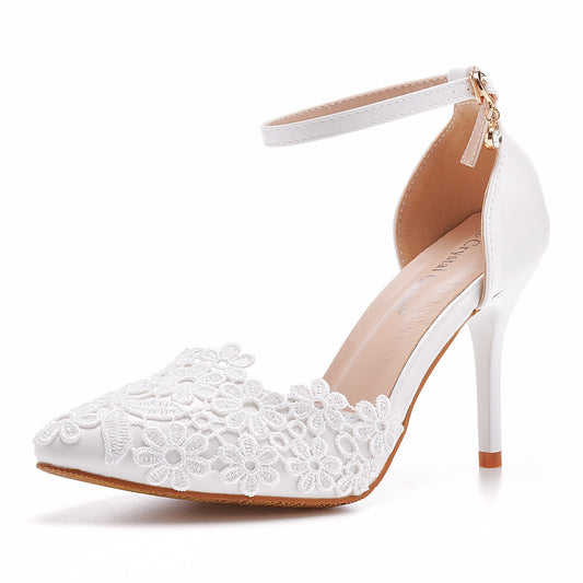 Women Lace Flora Ankle Strap Stiletto Heel Pointed Toe Bridal Wedding Shoes Sandals