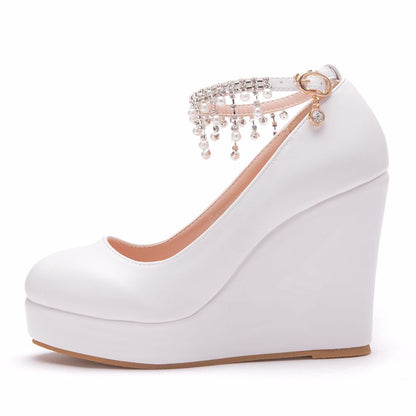 Women Round Toe Pearls Beads Tassel Wedge Heel Platform Pumps