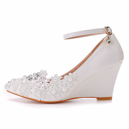 Pearls Shallow Lace Rhinestone Ankle Strap 7cm Wedge Heel Women Pumps Wedding Shoes