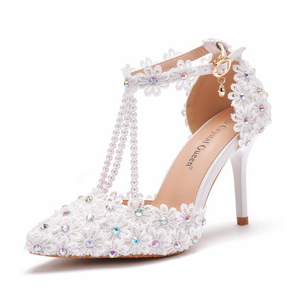 Women Ankle Strap Pointed Toe Lace Beads Bridal Wedding Shoes Stiletto Heel Sandals