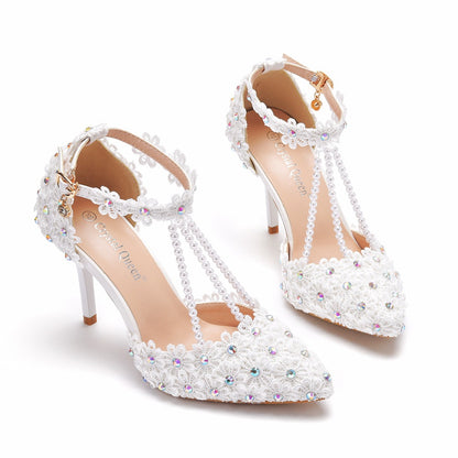 Women Pointed Toe Stiletto Heel Ankle Strap Lace Beads Bridal Sandals Wedding Shoes