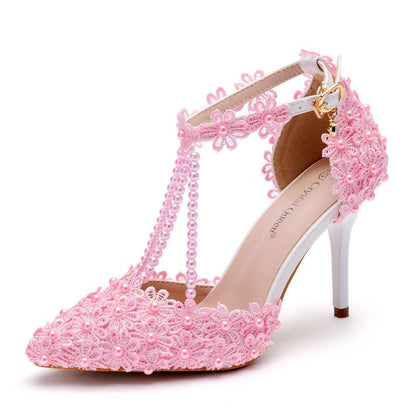 Women Ankle Strap Pointed Toe Lace Beads Bridal Wedding Shoes Stiletto Heel Sandals