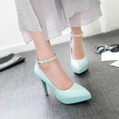 Pearl Ankle Straps Women Pumps High Heels Dress Shoes