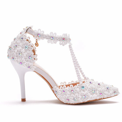 Women Pointed Toe Stiletto Heel Ankle Strap Lace Beads Bridal Sandals Wedding Shoes