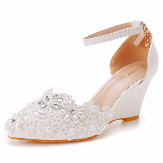 Women Pointed Toe Pearls Lace Ankle Strap Wedge Heel Pumps