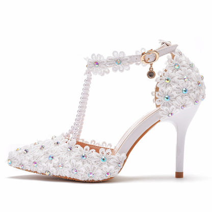 Women Pointed Toe Stiletto Heel Ankle Strap Lace Beads Bridal Sandals Wedding Shoes