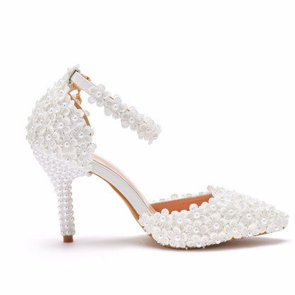 Women Pointed Toe Lace Flora Pearls Bridal Wedding Shoes Stiletto Heel Sandals