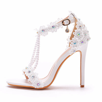 Women Lace Rhinestone Pearls Open Toe Bridal Wedding Stiletto Heel Sandals