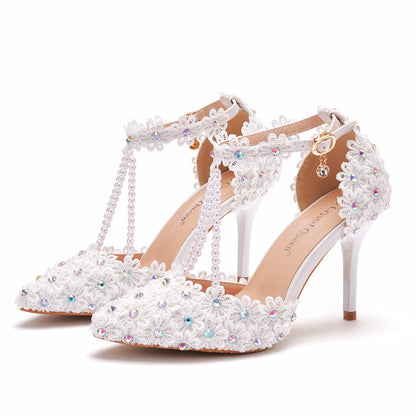 Women Pointed Toe Stiletto Heel Ankle Strap Lace Beads Bridal Sandals Wedding Shoes