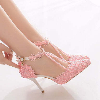 Women Ankle Strap Pointed Toe Lace Beads Bridal Wedding Shoes Stiletto Heel Sandals