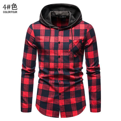 Men's Long Sleeves Hoodie Grid Flannel Shirts