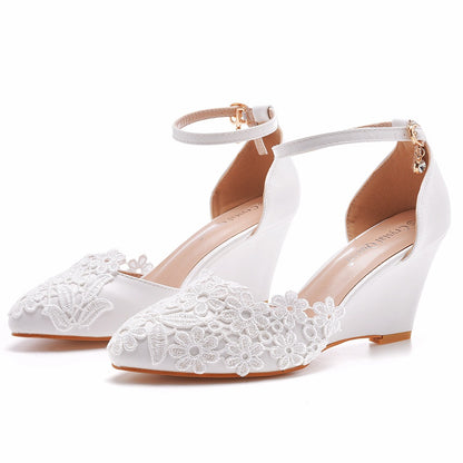 Women Lace Rhinestone Ankle Strap Wedge Heel Pumps