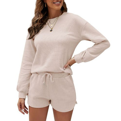 Women Long Sleeve T Shirt Tops Shorts Solid Color Home Two-piece Suit