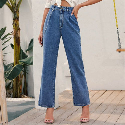 Ins Fashion High Waist Chains Straight Denim Long Women Jeans