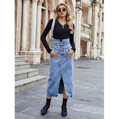 Ins Fashion High Waist Button Slit Denim Women Skirts